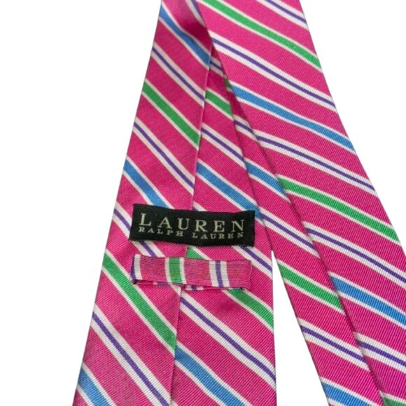Lauren Ralph Lauren Pink Blue Green Stripe Preppy Academia Heritage 100% SilkTie - Picture 5 of 10